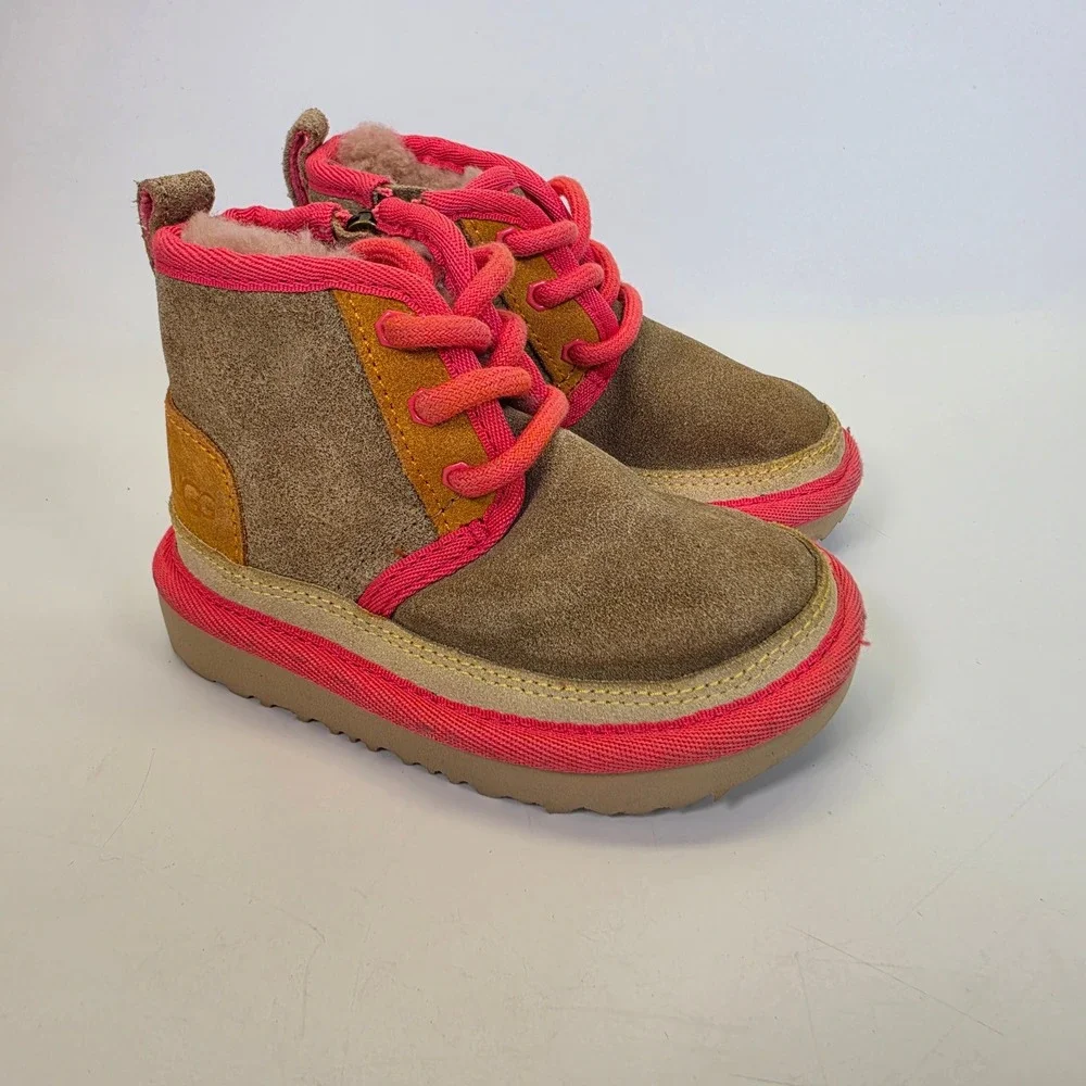 UGG Neumel II Toddler 6C Brown Pink Suede Shearling Lace Up Ankle Boots